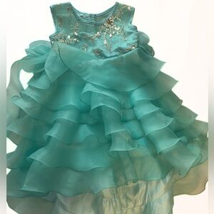 Green Ruffled Dress with Floral Beaded Embroidery